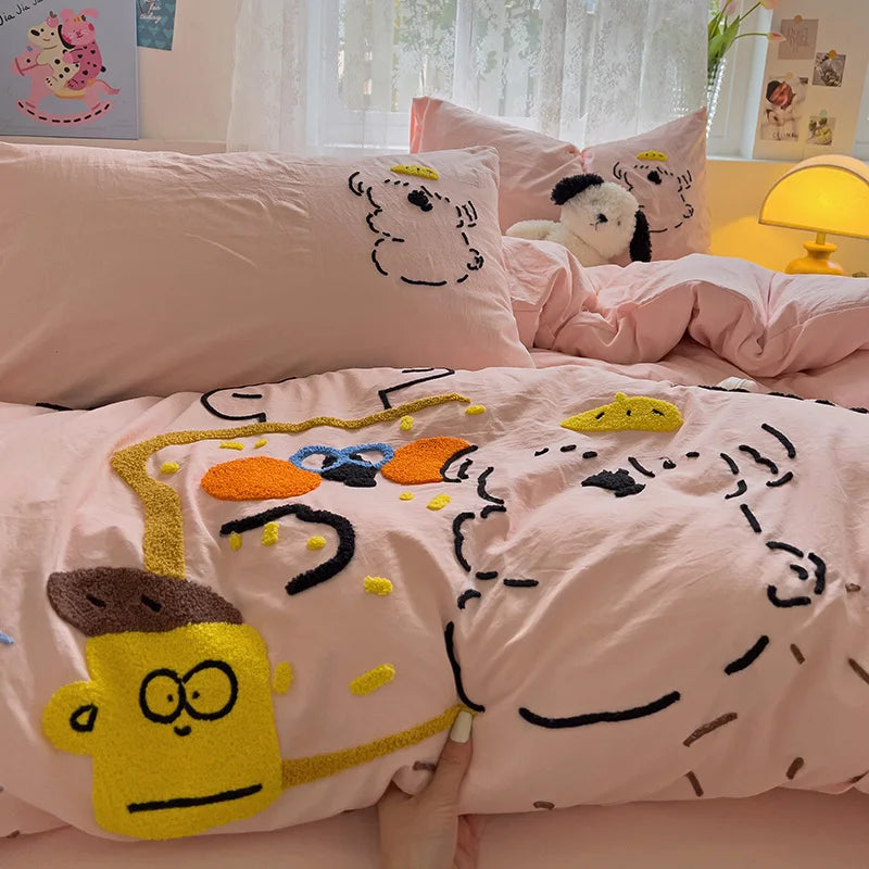 Cute Cartoon Animal Embroidery Bedding Set – 4-Piece Washed Polyester Jacquard Duvet Cover, Flat or Fitted Sheet & Pillowcases