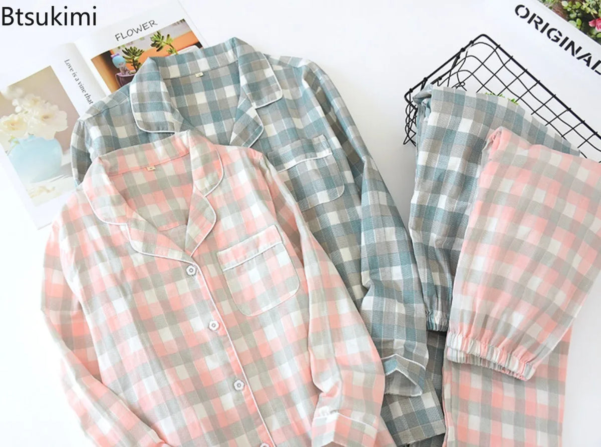Couple's 100% Cotton Pajamas Two-piece Set Long Sleeved Pants Simple Plaid Print Pajamas Homewear Sleepwear for Women and Men