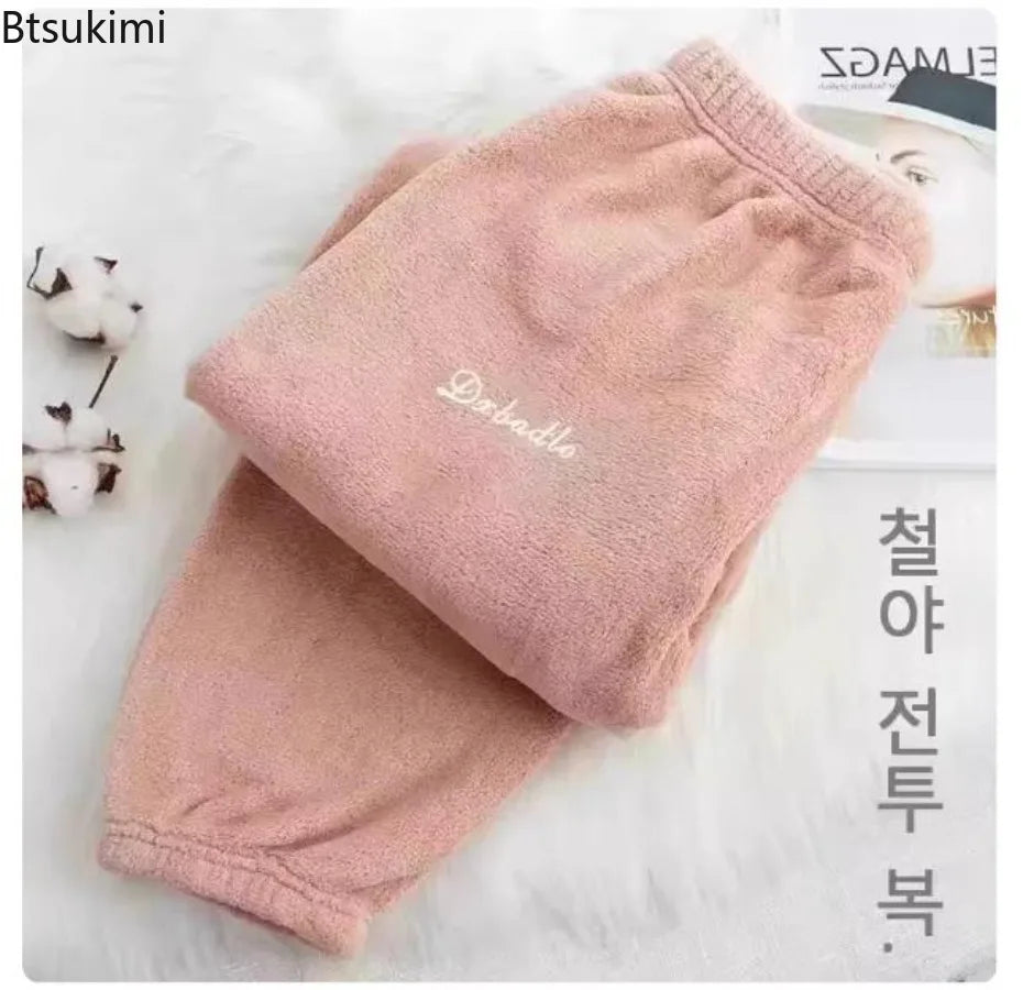 2026 Autumn Winter Couple Pajamas Sets Casual Warm Flannel Pajamas Loose O-neck Tops+Pants Men and Women Sleepwear Two Piece Set