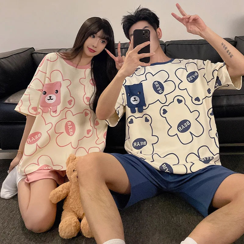 Cartoon Cute Bear Nightwear for Couples Summer Short Sleeves Shorts Sleepwear Women and Men Matching Homewear Young Boy Girl Pjs