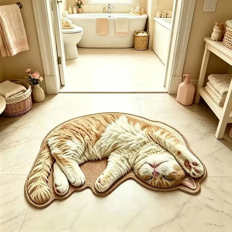 Cat-Shaped Area Rug, Cute Cartoon Crystal Velvet Floor Mat with Suede Backing, Soft Absorbent Decorative Carpet for Bedroom, Living Room, Kids’ Room & Entryway