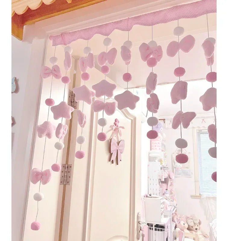 Pink Bow Short Curtain, Cute Kawaii Velvet Door & Window Curtain with Velcro Installation, Soft Decorative Thread Partition for Girls’ Bedroom, Dormitory & Bathroom