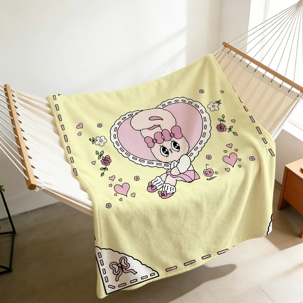 Kawaii Esther Bunny Plush Blanket – Cute Cartoon Rabbit Flannel Throw, Soft Printed Blanket for Sofa, Bed, Travel & Gifts