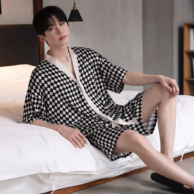 2026 Spring Autumn Fashion Square Couple Ice Silk Pajamas Women Short Sleeve Pants Two Piece Set Nightgown Sleepwear Homesuit