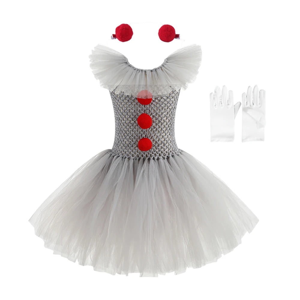 Halloween Costume Girls Gray Tutu Scary Vestidos Joker Dress Kids Cosplay Clown Costume Carnival Party Dress Up