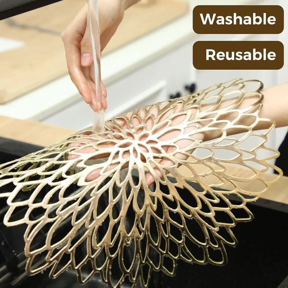 Set of 6 Round PVC Placemats – Wipeable Heat-Resistant Hollow Leaf & Flower Table Mats for Christmas, Thanksgiving, Weddings & Home Dining