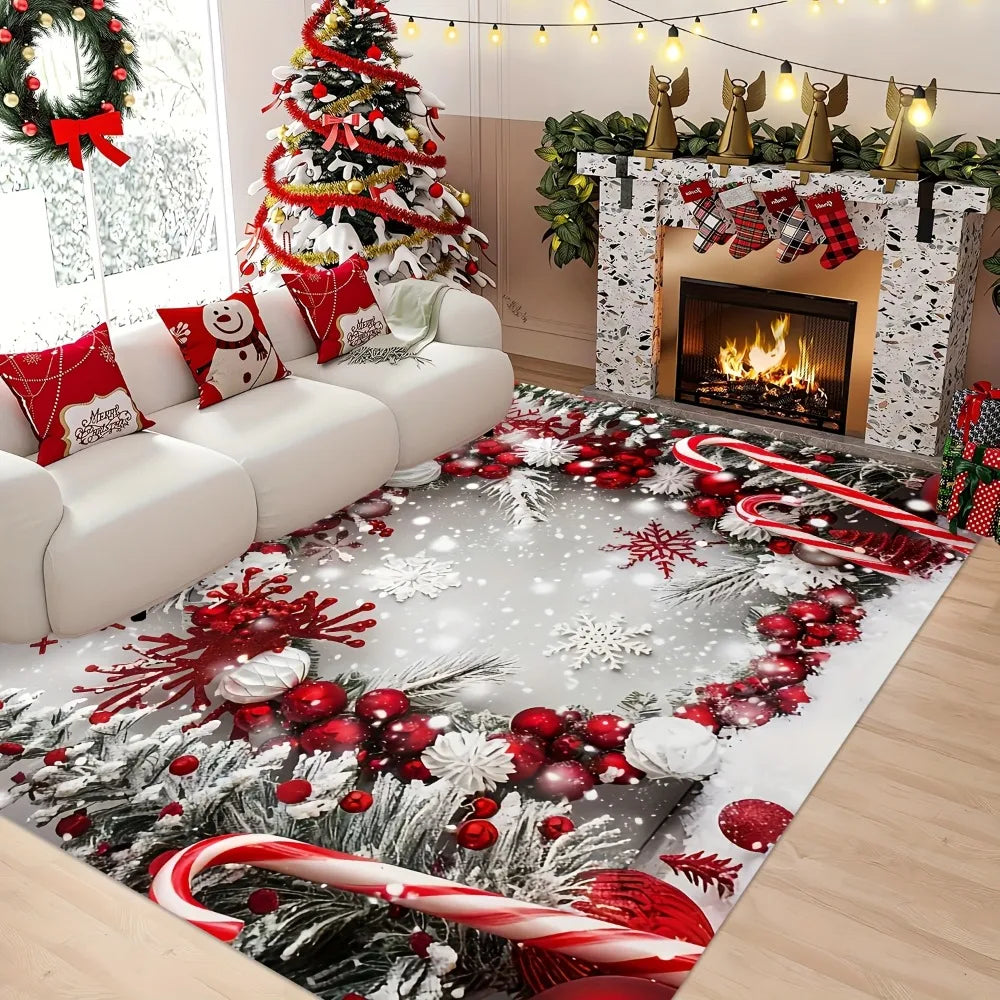 Christmas Decorative Rug, Festive Cartoon Polyester Floor Mat with Suede Backing, Holiday Area Carpet for Living Room, Bedroom, Entryway, Dining Area & Patio