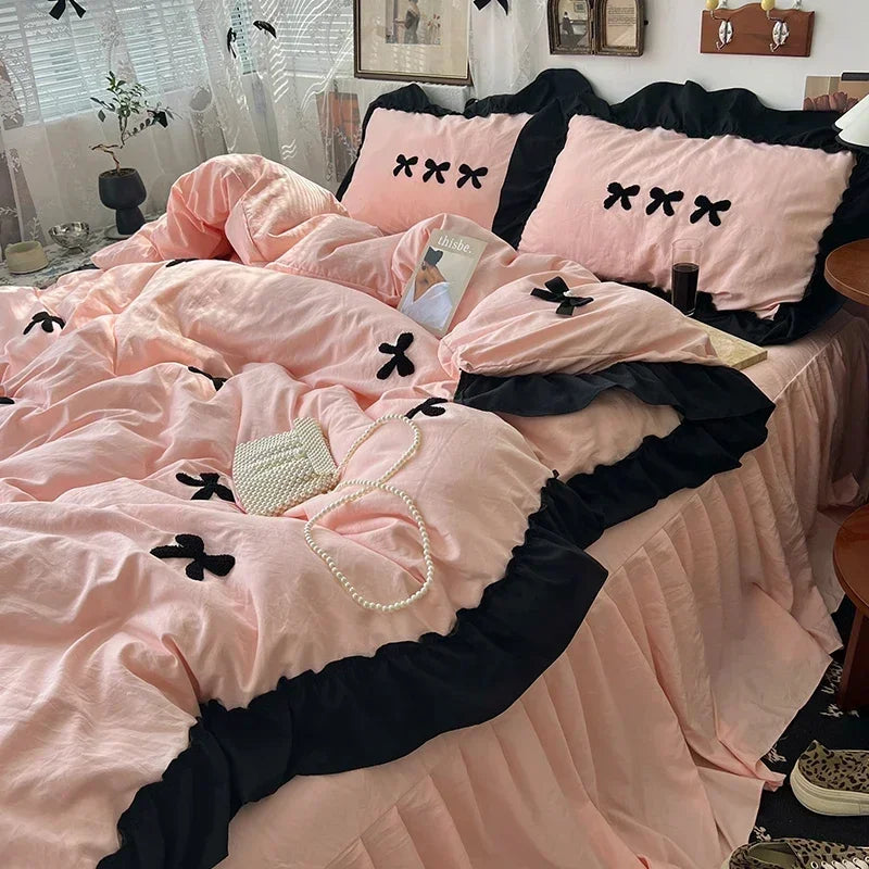 Black Bow Cotton Bedding Set – Princess Style Washed Cotton Duvet Cover with Embroidered Bow, Flat Sheet & Pillowcases