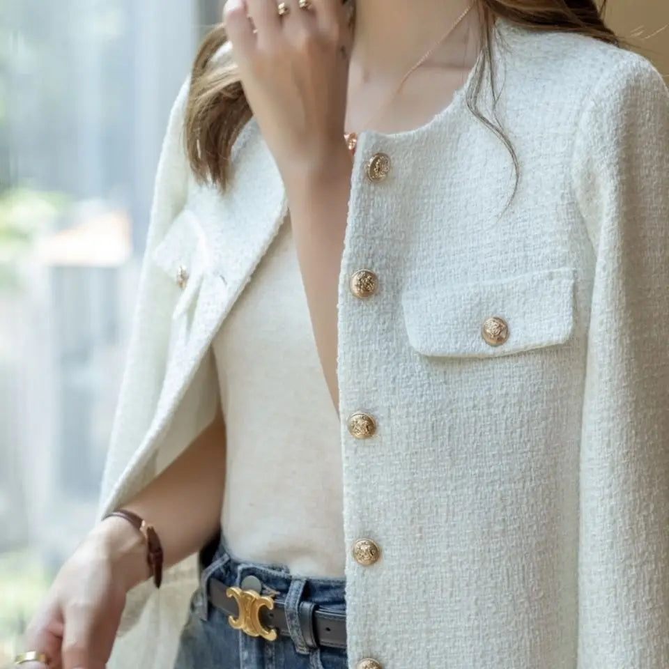 French Wool Tweed Coat Fashion High-end Gold Button Short Slim