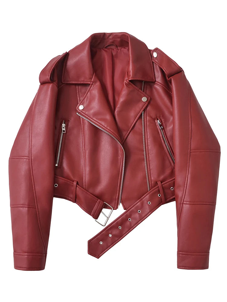 Women's Cropped Burgundy Faux Leather Moto Jacket - Belted PU Leather Biker Jacket