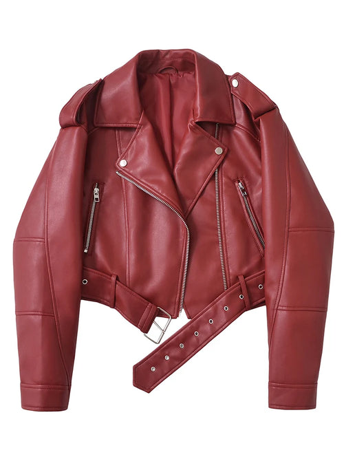 Women's Cropped Burgundy Faux Leather Moto Jacket - Belted PU Leather Biker Jacket