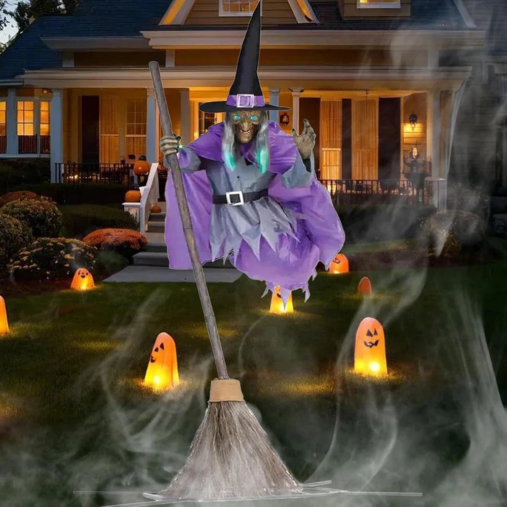 Halloween Props Flying Witch Decoration with Scary Sounds and Lights Fun Costumes Flying Scary Witch for Garden Yard Lawn Indoor