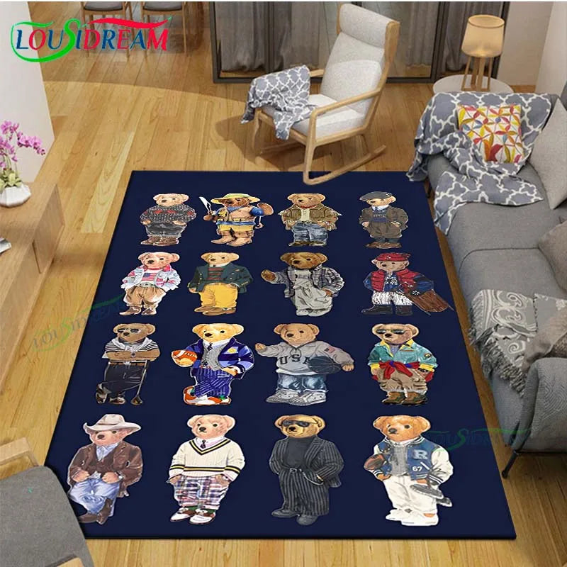 Cute Bear Cartoon Area Rug, 3D Printed Polyester Crystal Velvet Carpet with Non-Woven Backing, Kids Bedroom & Living Room Mat for Playroom, Home & Decor