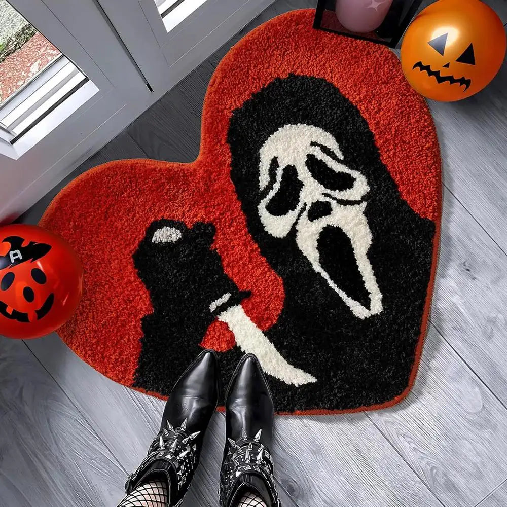 Halloween Skull Door Mat 40×60cm, Black & Red Polyester Bathroom Rug with Non-Slip TPR Backing, Funny Halloween Floor Mat for Bedroom, Entryway & Party Decor