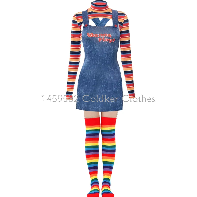 Halloween Costumes for Women Scary Nightmare Killer Doll Wanna Play Movie Character Chucky Doll Costume With Stockings
