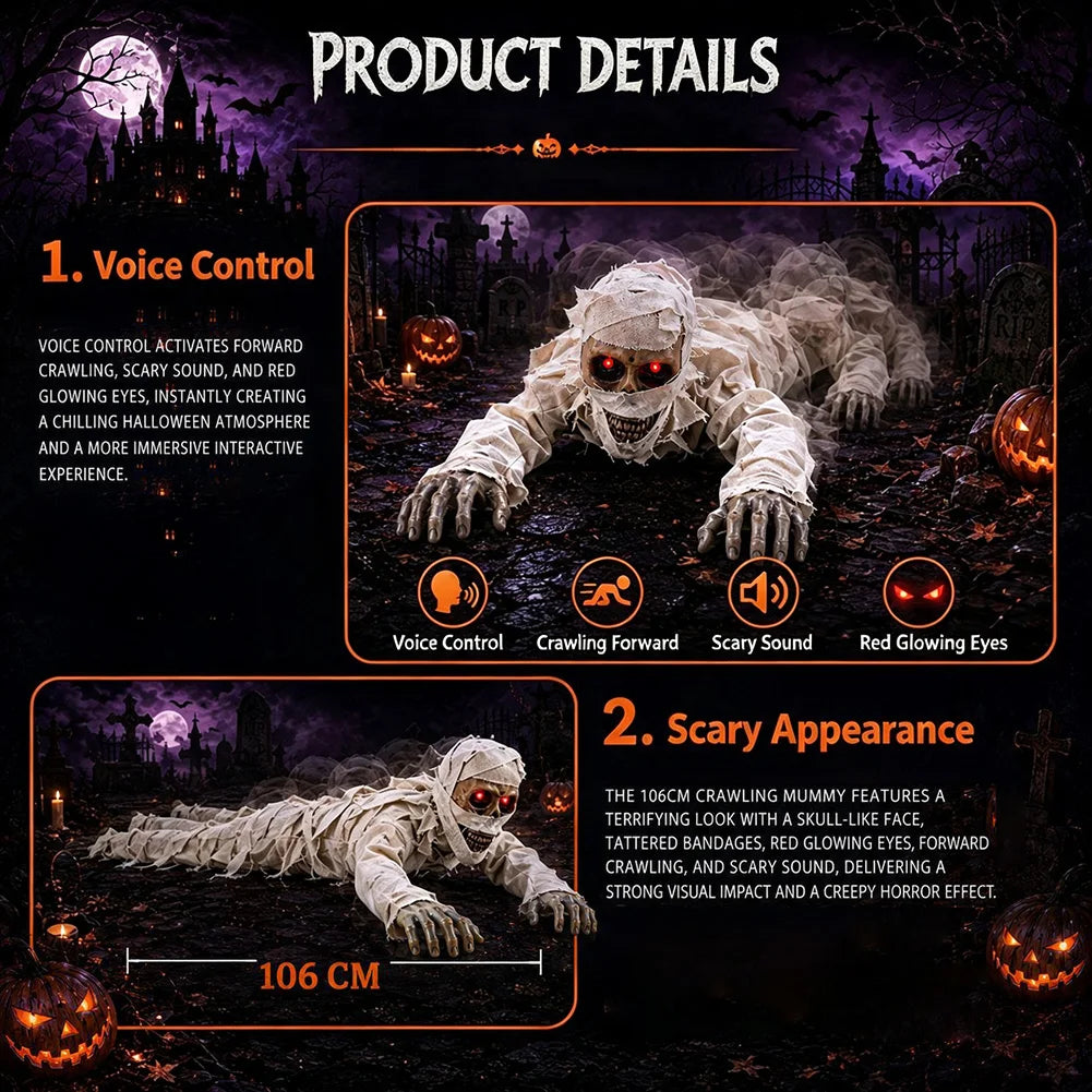 Halloween Crawling Mummy Scary Haunted House Decor Prop Motion Sensor Activated Sound Light Effects Horror Scene Setup