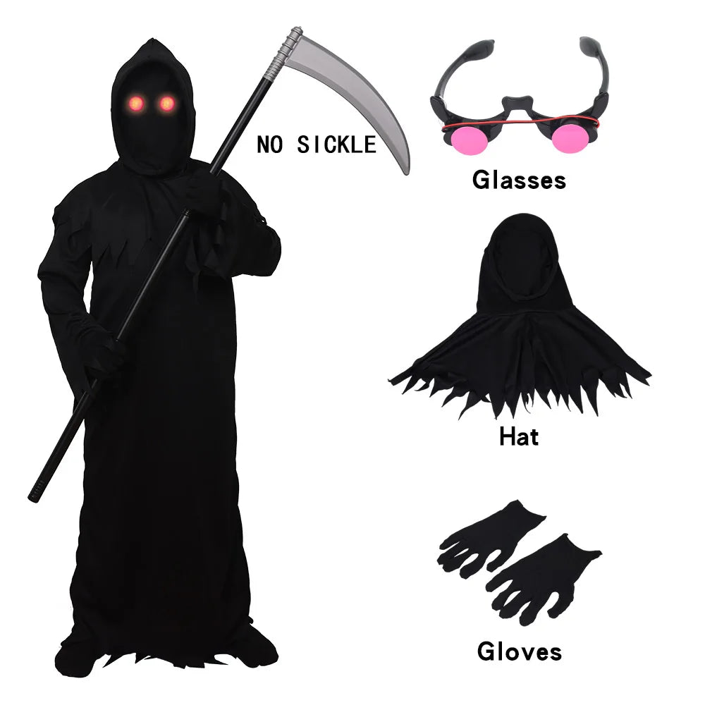 Halloween Grim Reaper Horror Costume Black Hooded Cloak Style Eerie Ghost Robe Costume Red Eye Flashing Role-Playing Set