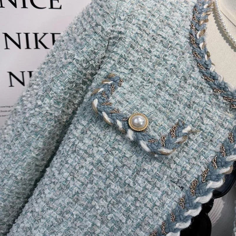 Women Elegant Tweed Jackets Chic O-neck Long Sleeve Tops New Autumn
