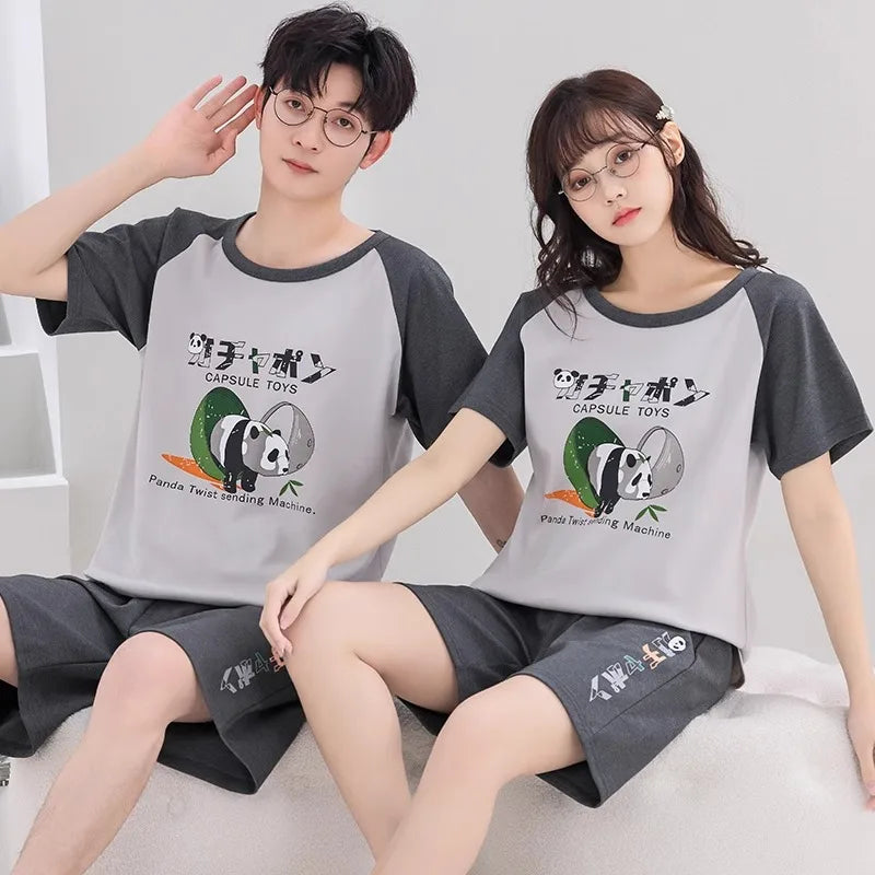 Cartoon Cute Bear Nightwear for Couples Summer Short Sleeves Shorts Sleepwear Women and Men Matching Homewear Young Boy Girl Pjs
