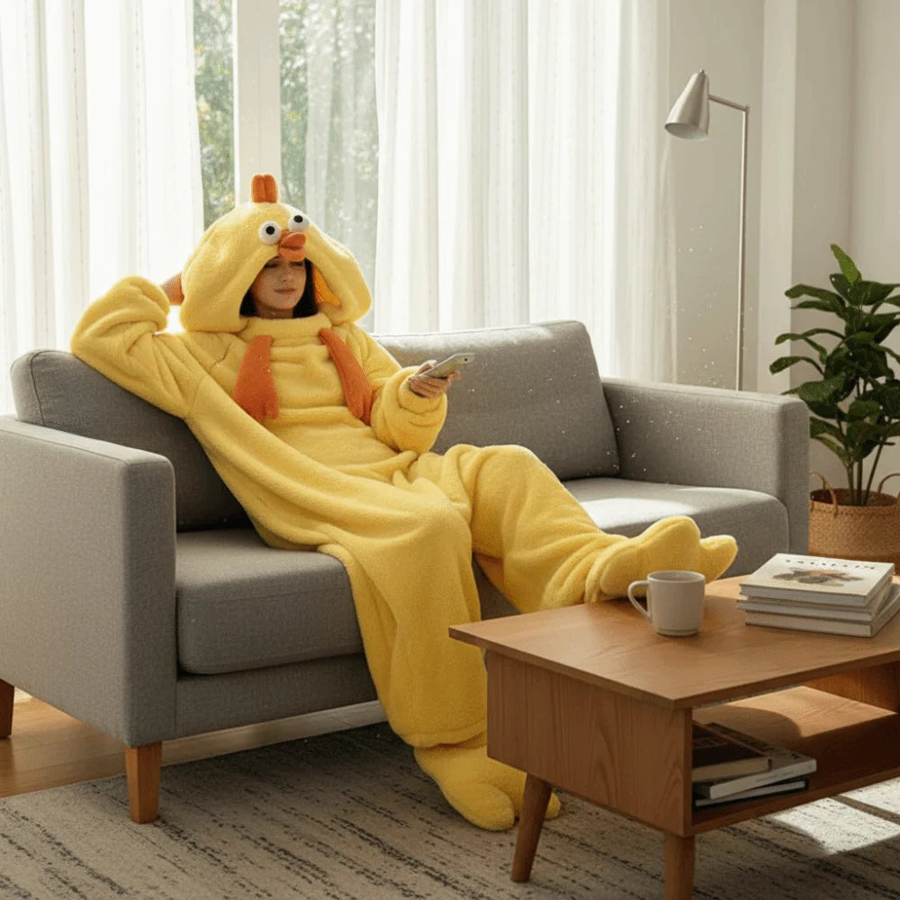 Kawaii Jumpsuits Cartoon Chicken Pajamas Funny Home Wear Coral Fleece Nightwear Warm Long Sleeve Cute Sleepwear Women Home