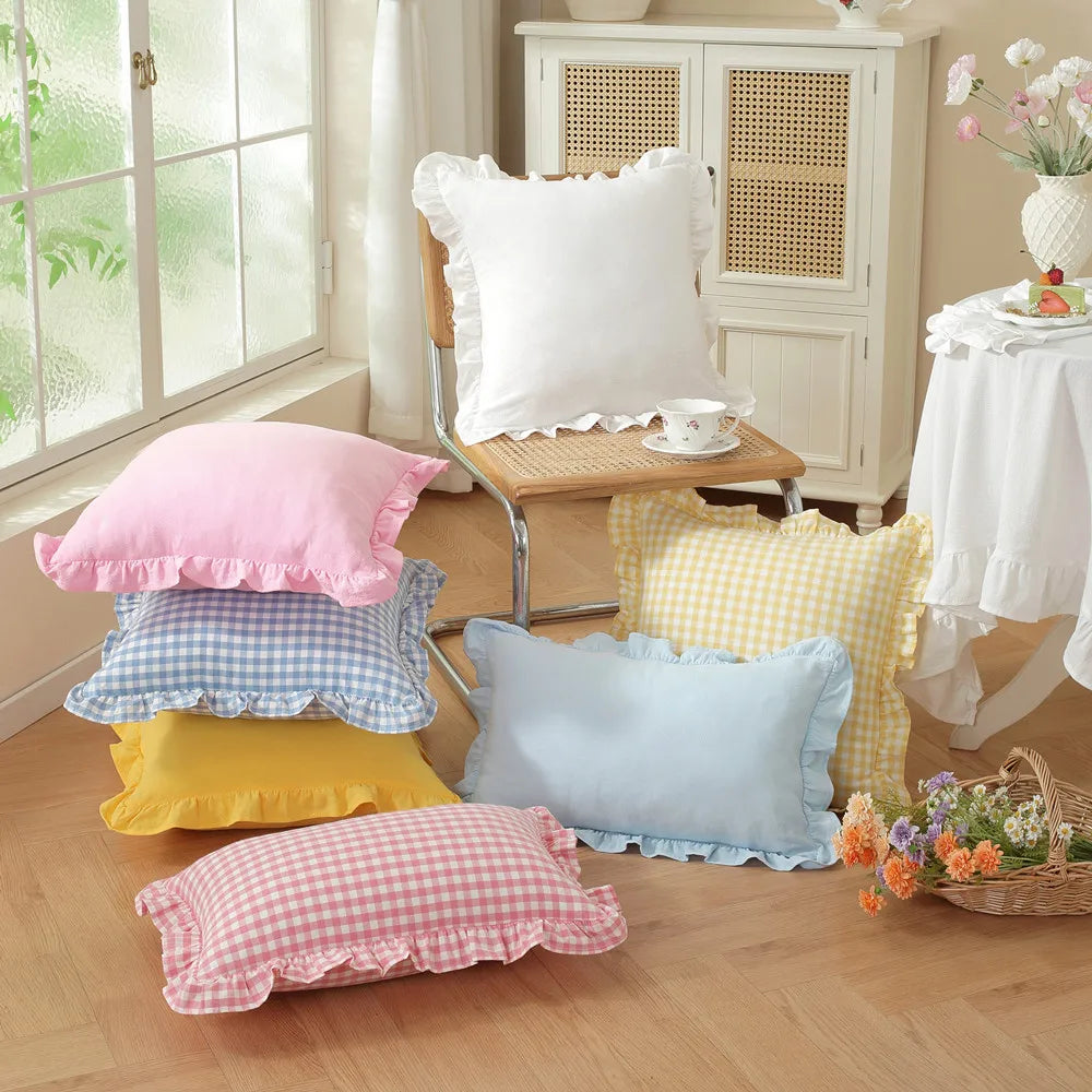 French-Style Ruffled Plaid Pillow Cover 45×45cm, Cotton-Polyester Knit Throw Cushion Case with Hidden Zipper, Decorative Sofa & Bed Pillowcase for Home, Bedroom & Living Room