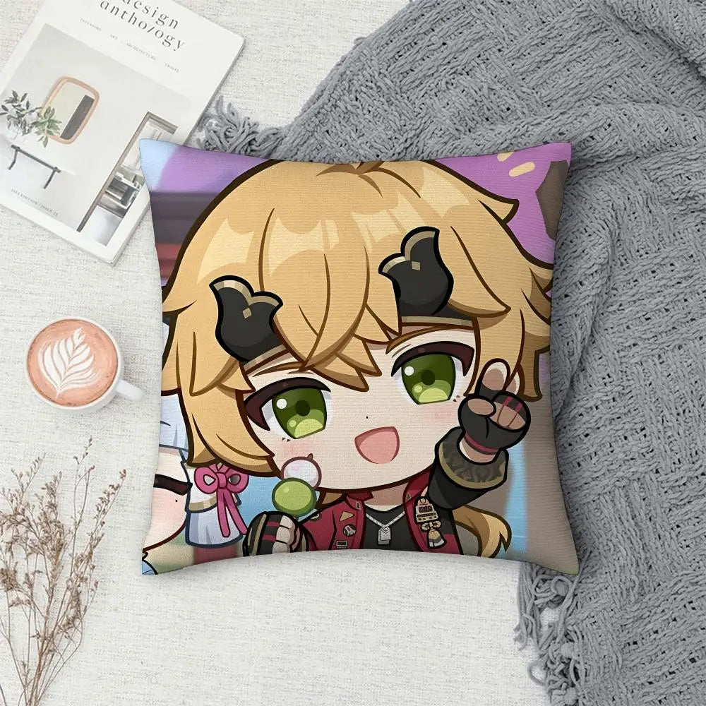 Thoma Genshin Impact Cushion Cover 40×40cm, Cute Anime Game Pillowcase with Double-Sided Print & Invisible Zipper, Soft Polyester Short Plush Sofa Pillow for Bedroom & Living Room Decor