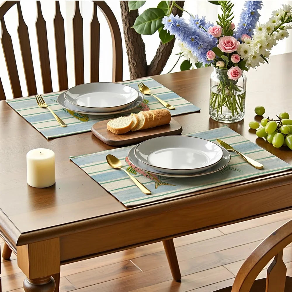 4-Piece Fish-Themed Placemats – Colorful Three-Fish & Water Wave Design, 100% Polyester Washable Table Mats for Kitchen & Home Decor