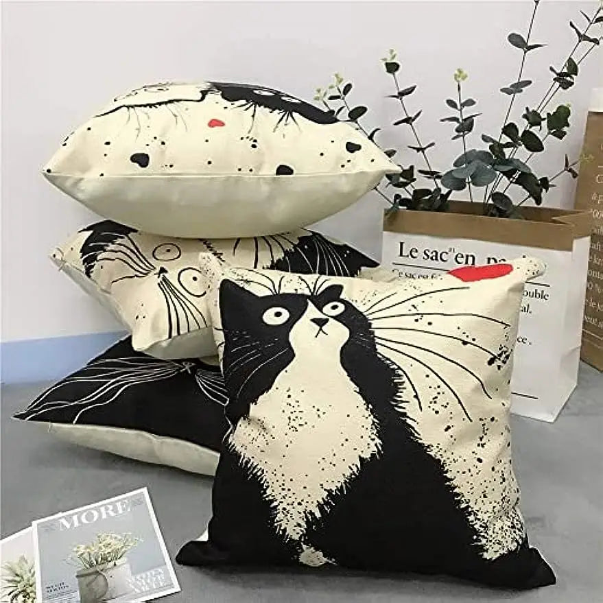 Cute Cat Linen Pillow Cover 45×45cm, Printed Square Decorative Cushion Case with Hidden Zipper, Linen-Cotton Sofa Pillowcase for Living Room, Bedroom, Chair & Home Decor