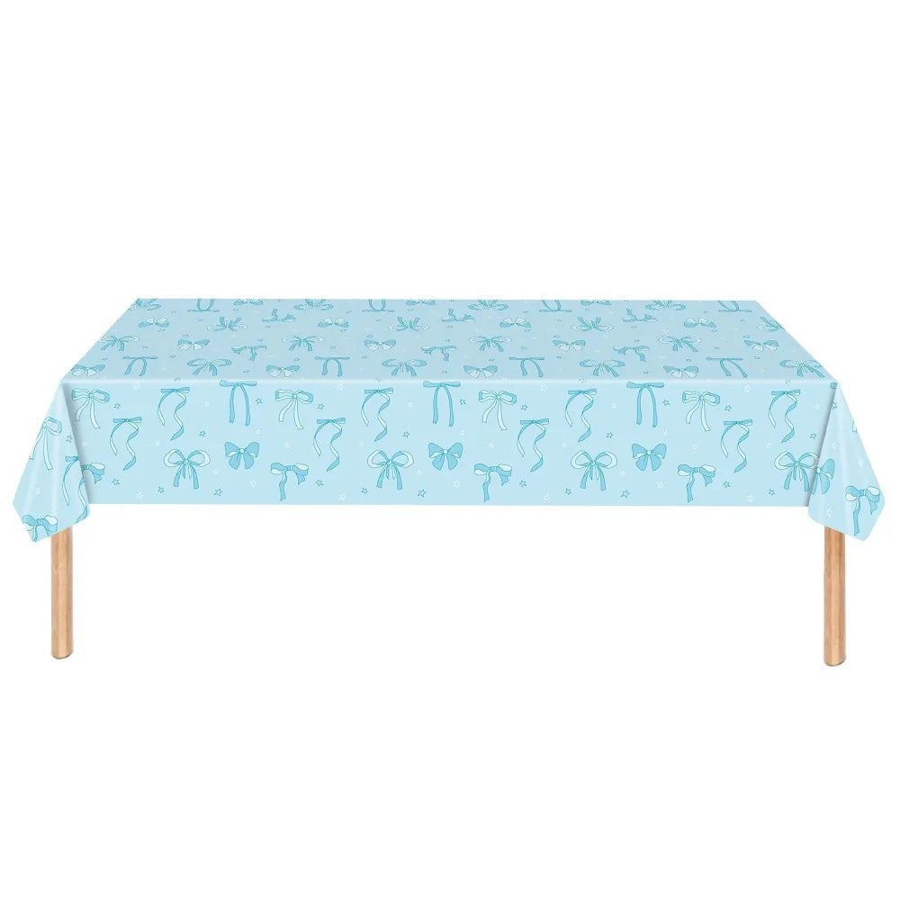 Cute Bow Birthday Tablecloth 137×274cm, Disposable Waterproof Plastic Table Cover for Birthday Party, Baby Shower, Wedding & Celebration Dining Table Decor