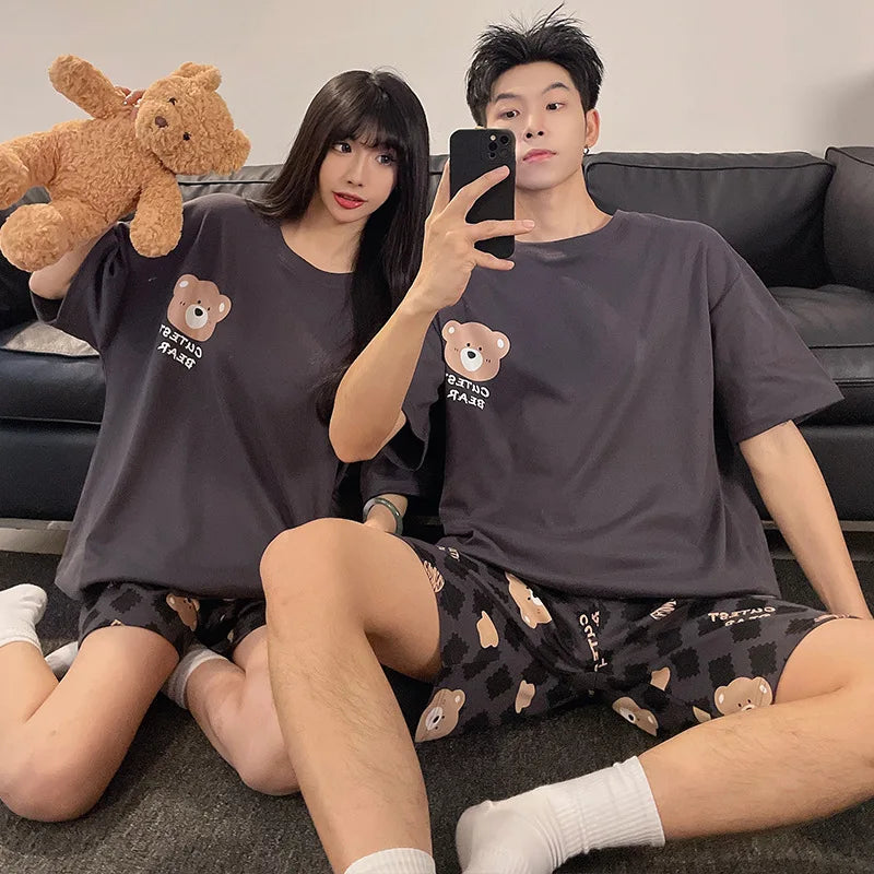 Cartoon Cute Bear Nightwear for Couples Summer Short Sleeves Shorts Sleepwear Women and Men Matching Homewear Young Boy Girl Pjs