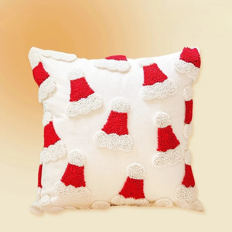 Christmas Tufted Cushion Cover 45×45cm, Red & White 3D Candy Cane & Santa Hat Embroidered Pillowcase, Festive Holiday Throw Pillow Cover for Sofa, Chair, Car & Home Decor