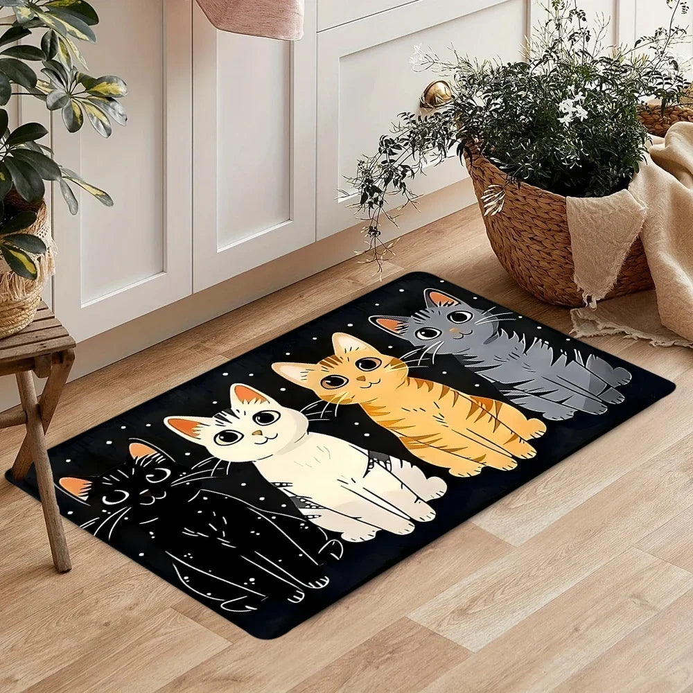 Cute Cartoon Cat Doormat 30×50cm & 40×60cm, Soft Polyester Flannel Rug with Anti-Slip Backing, Persian-Style Floor Mat for Living Room, Bedroom, Bathroom & Entryway
