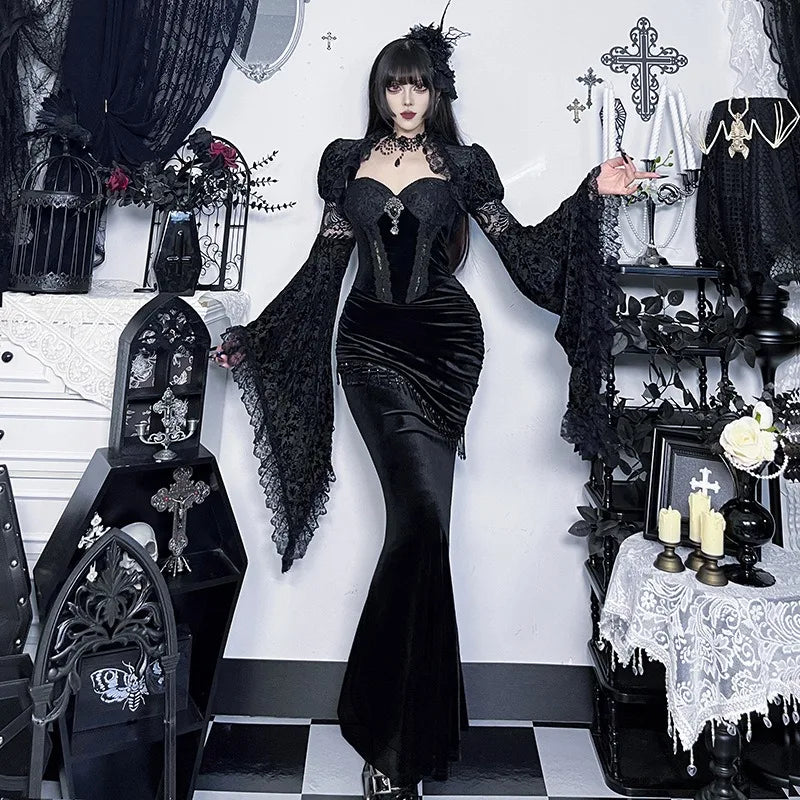 Halloween Cosplay Costume Dark Slimming Trumpet Sleeve Long Dress Gothic Theme Party Role Playing Outfits for Adult Women