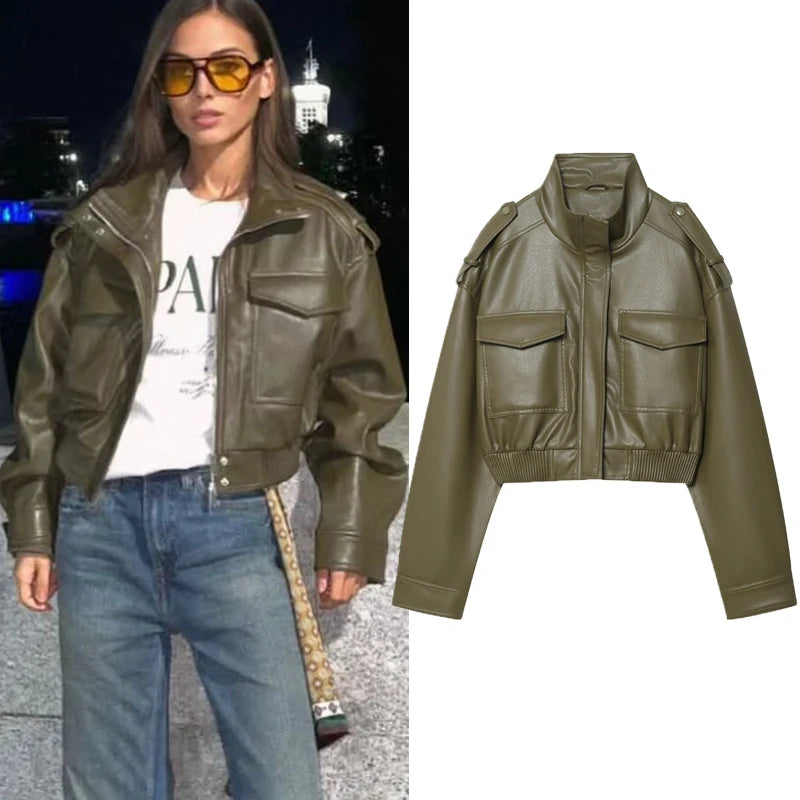 Women's Jacket Faux Leather Jacket Green Women's Demi-Season Jacket