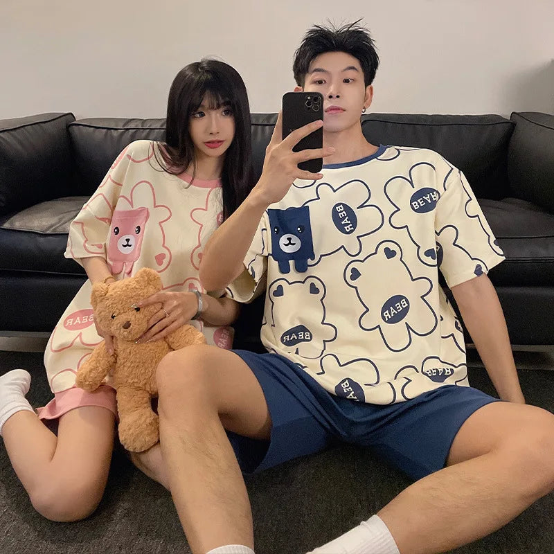 Cartoon Cute Bear Nightwear for Couples Summer Short Sleeves Shorts Sleepwear Women and Men Matching Homewear Young Boy Girl Pjs