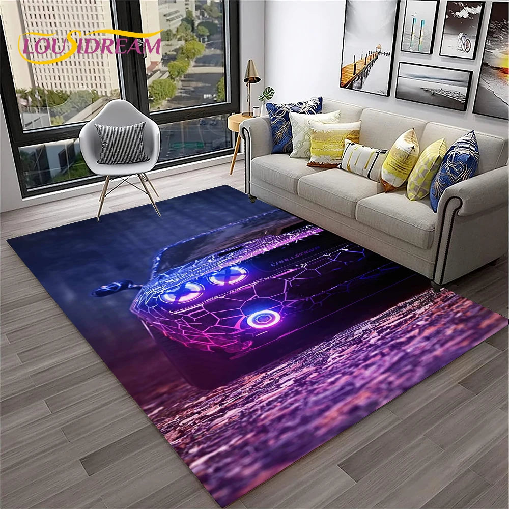 Sports Car Racing Rug, 3D Printed Cartoon Polyester Crystal Velvet Carpet with Non-Woven Backing, Kids Playroom Floor Mat for Bedroom, Living Room & Home Decor