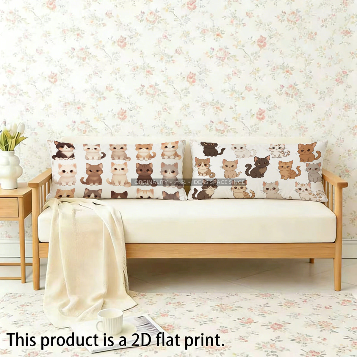 Cute Cat Pillow Cover, Rectangular Printed Polyester Peachskin Cushion Case, Single-Sided Cat Pattern Throw Pillowcase for Sofa, Bedroom, Bed, Car & Home Decor