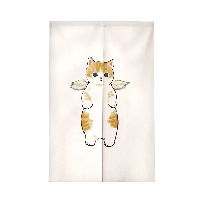 Funny Cat Japanese Noren Door Curtain, Cute Cartoon Hanging Half Curtain for Kitchen, Living Room & Restaurant, Polyester Room Divider for Doorway & Entrance Decor