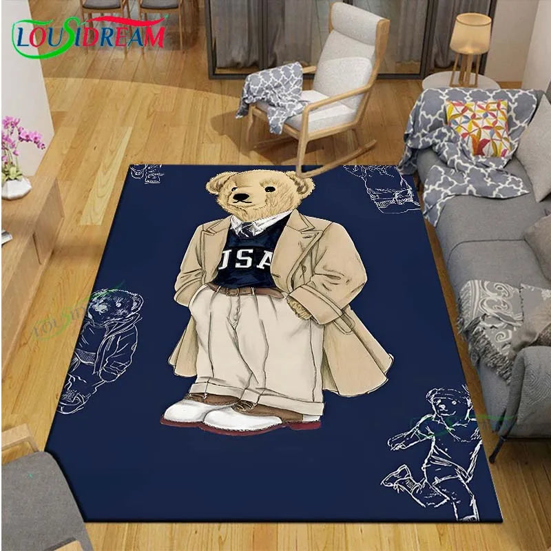 Cute Bear Cartoon Area Rug, 3D Printed Polyester Crystal Velvet Carpet with Non-Woven Backing, Kids Bedroom & Living Room Mat for Playroom, Home & Decor