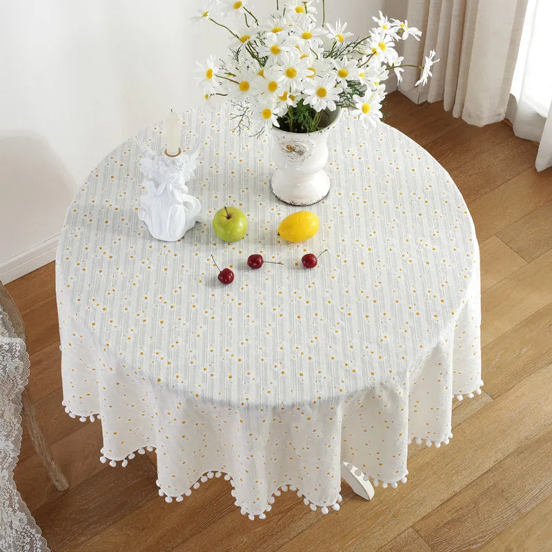 Round Floral Cotton Tablecloth with Tassel Edge, 100% Cotton Reusable Table Cover, Handmade Circular Dining Table Decor for Kitchen, Farmhouse, Wedding, Party & Home