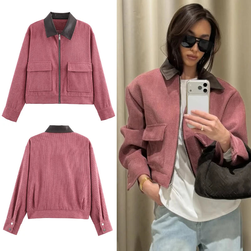 Women’s Pink Loose Fit Casual Jacket – Spring Streetwear Outerwear