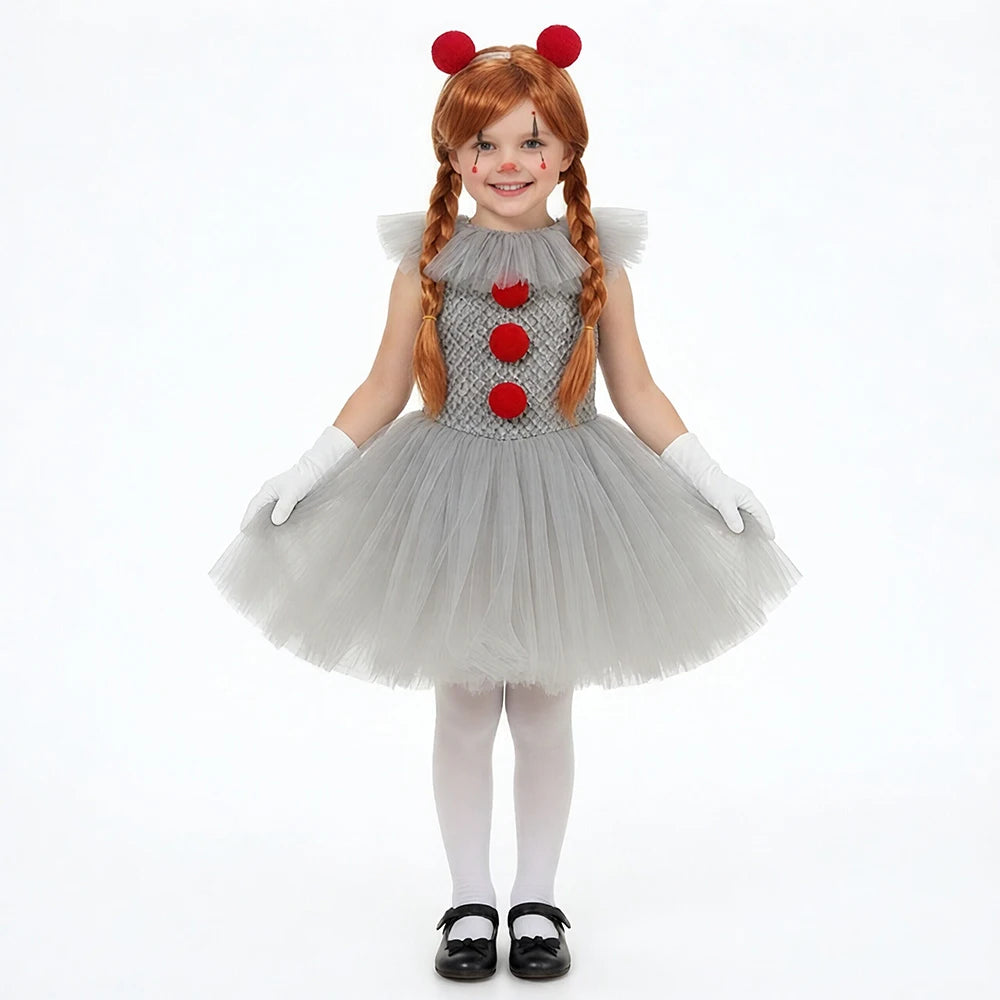 Halloween Costume Girls Gray Tutu Scary Vestidos Joker Dress Kids Cosplay Clown Costume Carnival Party Dress Up