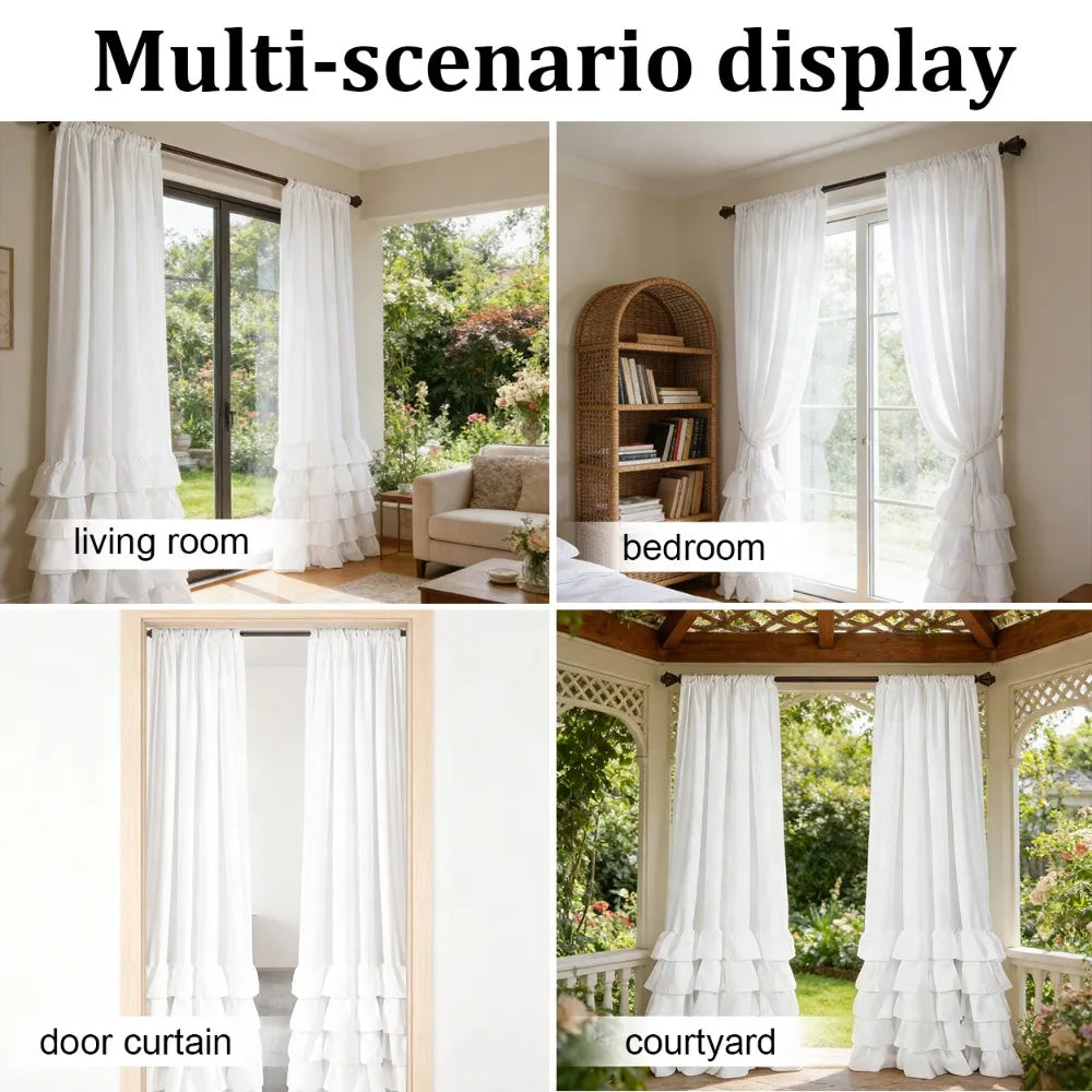 Pleated Ruffled Sheer Curtains 1–2pcs, Soft Layered Lace-Style Polyester Drapes with French Romantic Design, Privacy Light-Filtering Curtains for Living Room, Bedroom & Door