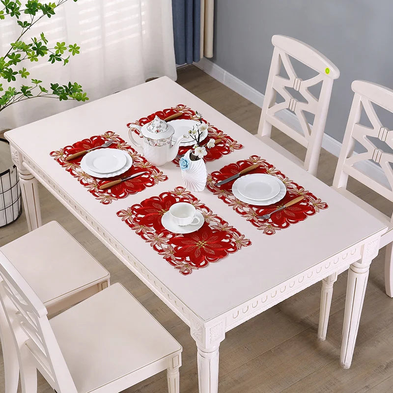 Christmas Embroidered Tablecloth Set, 28×43cm Rectangle Holiday Table Linens with Floral Design, Reusable Table Covers for Dining, Wedding, Party & Banquet Decor