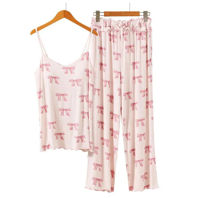 ComfortableJapanese Style Pajamas Soft Modal Sleepwear Long Sleeve/Straps Pants Home Clothes Suit Sweet Bow Print Loungewear