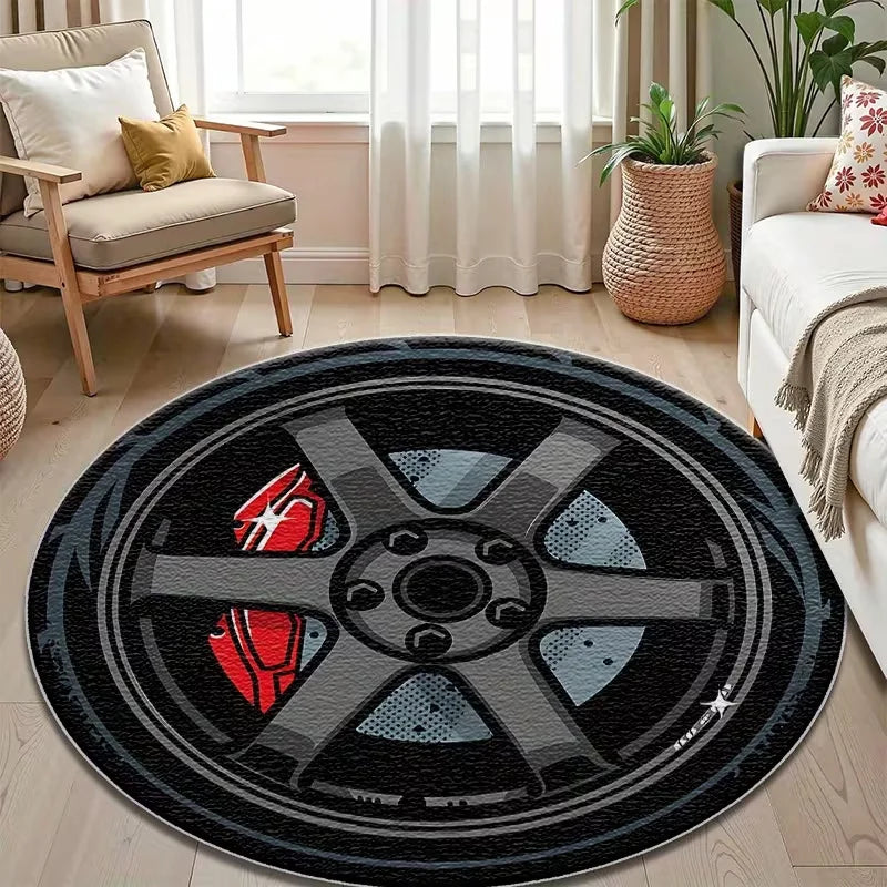 Large Round Cartoon Area Rug, Red Accent Flannel-Style Polyester Carpet with Non-Slip Backing, Modern Decorative Floor Mat for Living Room, Bedroom & Office