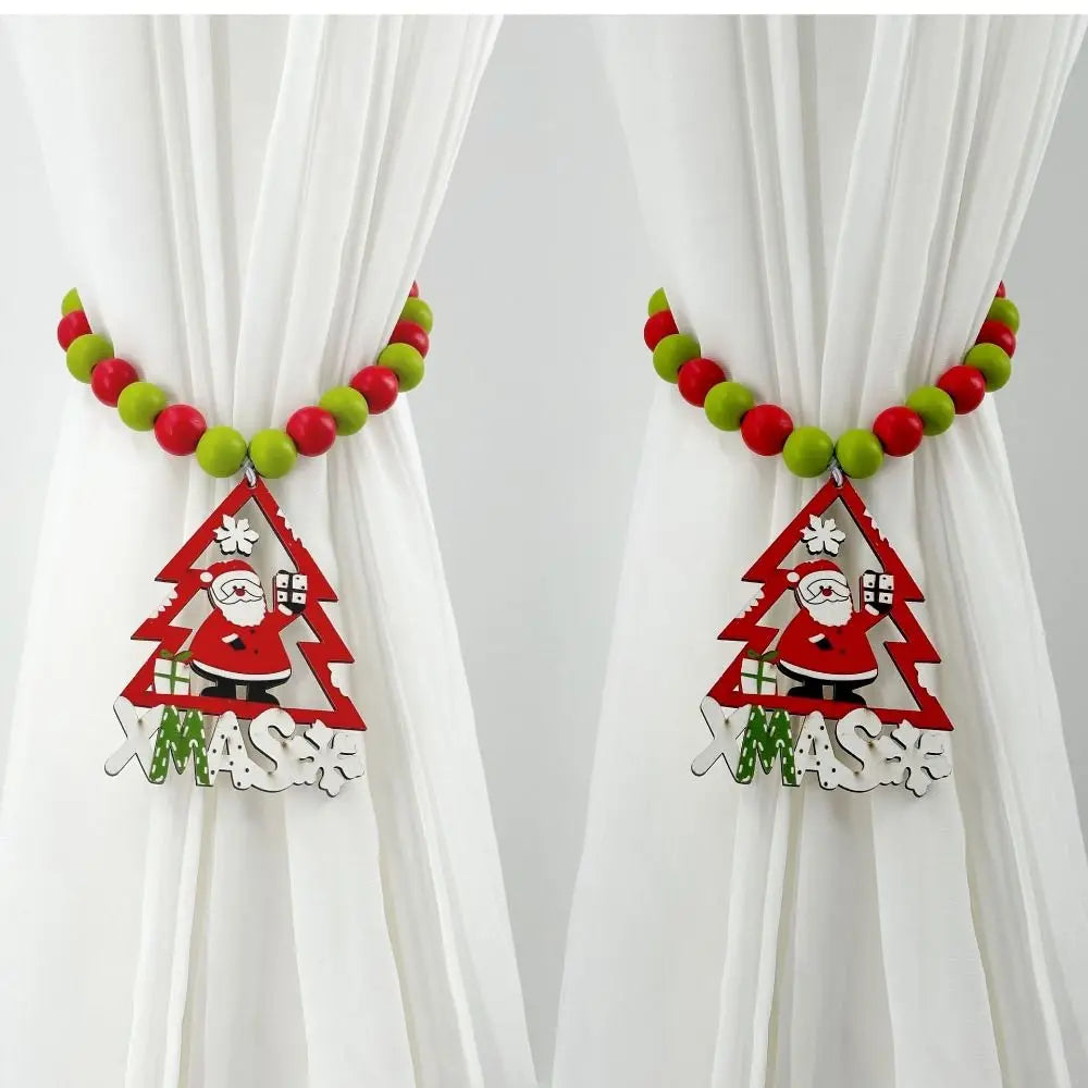 Christmas Curtain Tiebacks 38cm, Boho Wooden Bead Curtain Holdbacks with Alloy Accents, Reusable No-Drill Curtain Ties in Red & Green for Holiday Home Decor