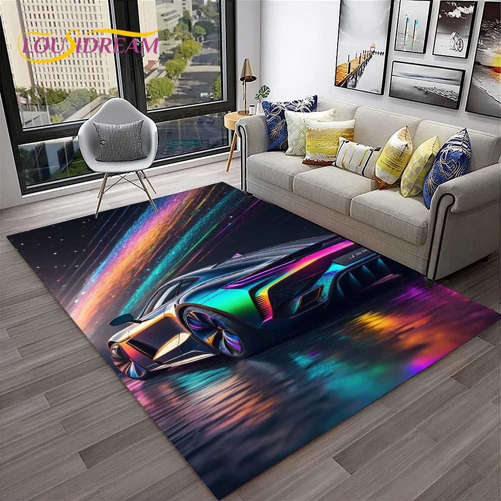 Sports Car Racing Rug, 3D Printed Cartoon Polyester Crystal Velvet Carpet with Non-Woven Backing, Kids Playroom Floor Mat for Bedroom, Living Room & Home Decor