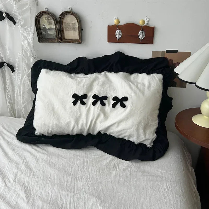 Black Bow Cotton Bedding Set – Princess Style Washed Cotton Duvet Cover with Embroidered Bow, Flat Sheet & Pillowcases