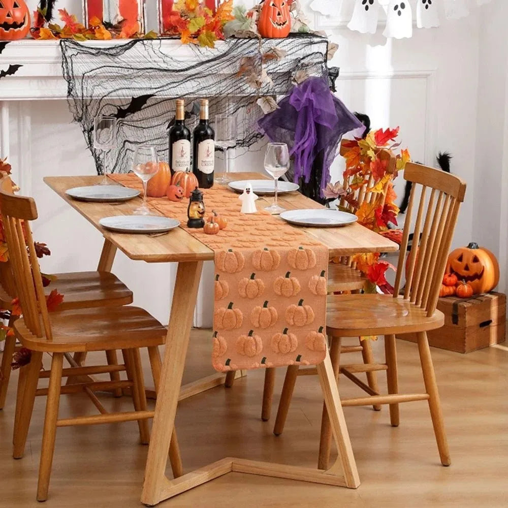 Halloween Pumpkin Table Runner 33×183cm, Soft 3D Tufted Polyester Table Cover, Rectangular Fall Dining Table Decor for Halloween Party, Kitchen & Home